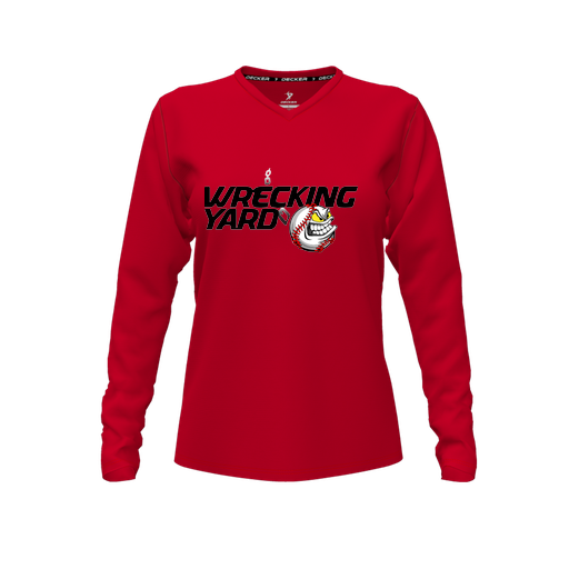 [CUS-DFW-TEES-CMF-VNK-LSL-RED-FYXS-LOGO1] Decker Comfort T-Shirt (Female Youth XS, Red, V Neck, Logo 1, Long Sleeve)